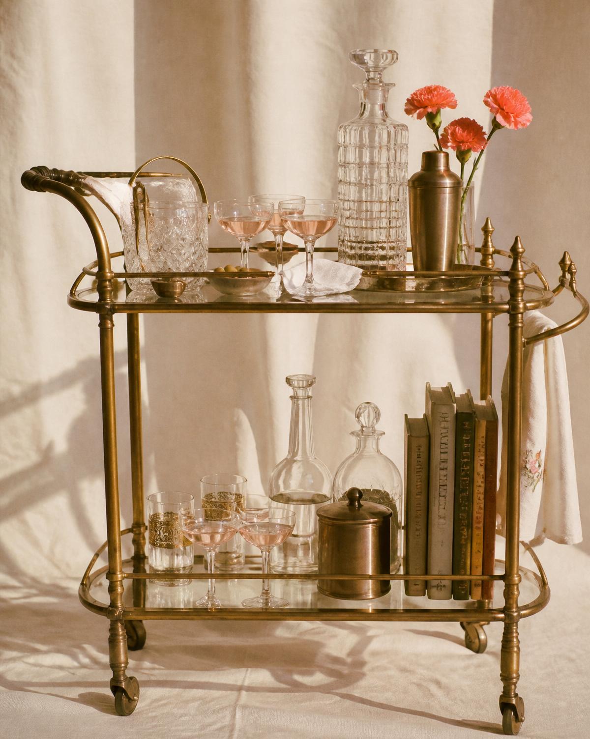 Vintage brass mobile bar cart with crystal coupes and carnations