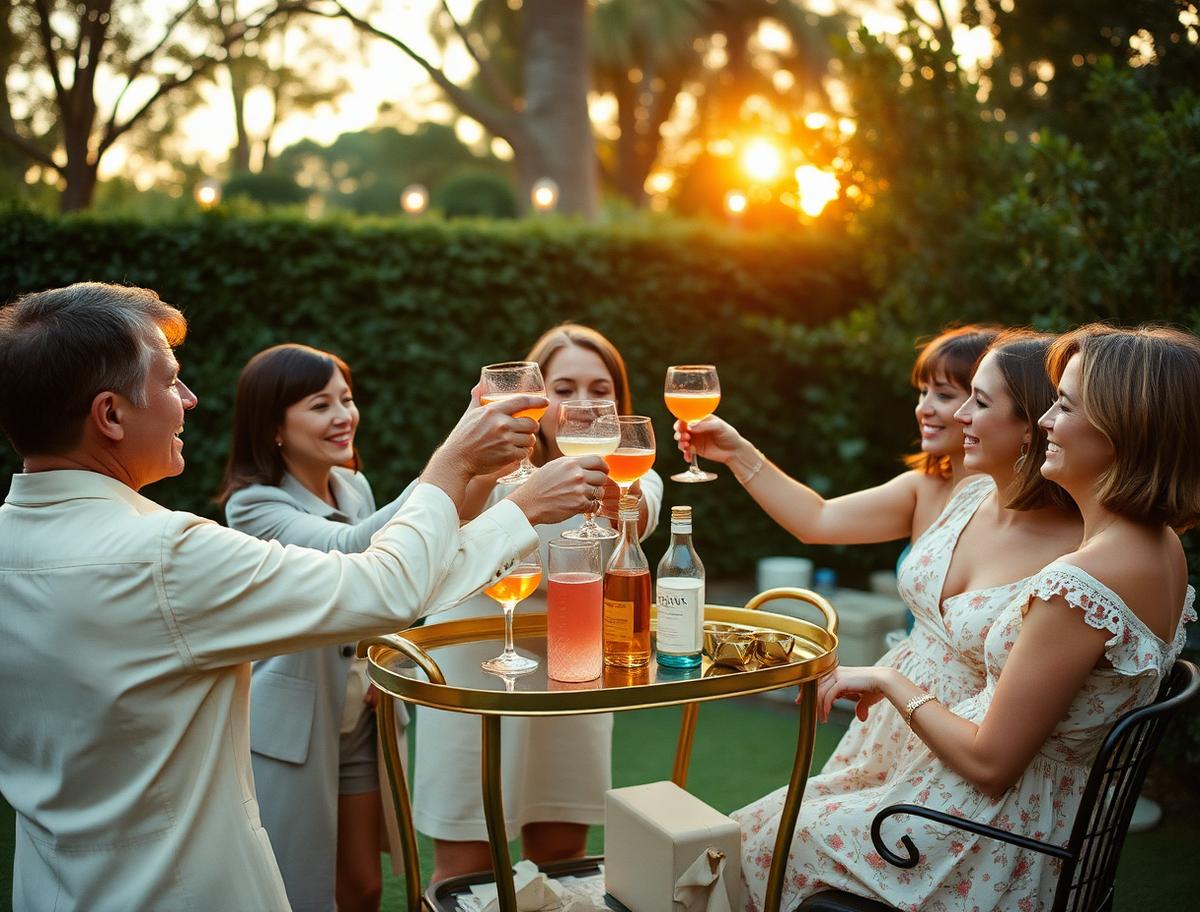 Friends toasting cocktails around a brass bar cart at a private garden celebration