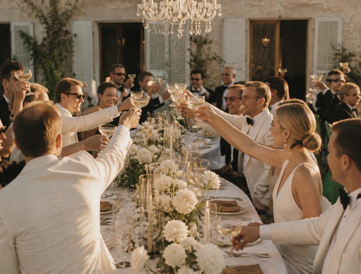 Guests toasting champagne coupes at an elegant outdoor wedding